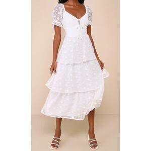 LULUS XS Precious Sweetie White Embroidered Tiered Midi Party Dress NEW B117